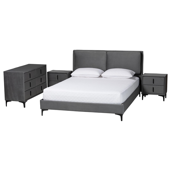 baxton studio Baxton Studio Etienne Modern Slate Grey Velvet Queen 4-Piece Bedroom Set