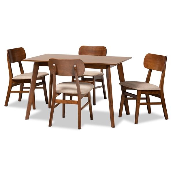 baxton studio Baxton Studio Euclid Mid-Century Modern Sand Fabric Upholstered and Walnut Brown Finished Wood 5-Piece Dining Set