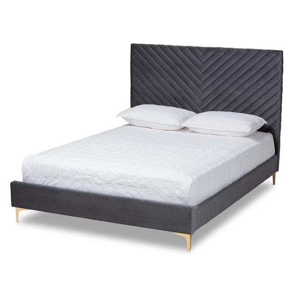 baxton studio Baxton Studio Fabrico Contemporary Glam and Luxe Grey Velvet Fabric Upholstered and Gold Metal Queen Size Platform Bed