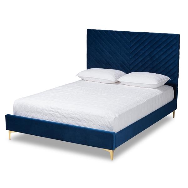 baxton studio Baxton Studio Fabrico Contemporary Glam and Luxe Navy Blue Velvet Fabric Upholstered and Gold Metal Queen Size Platform Bed