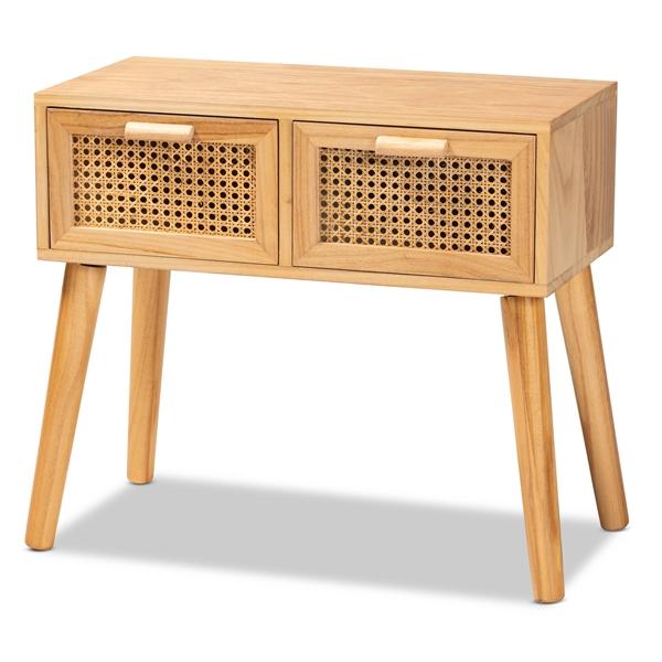 baxton studio Baxton Studio Falan Mid-Century Modern Oak Brown Finished Wood 2-Drawer Console Table with Rattan