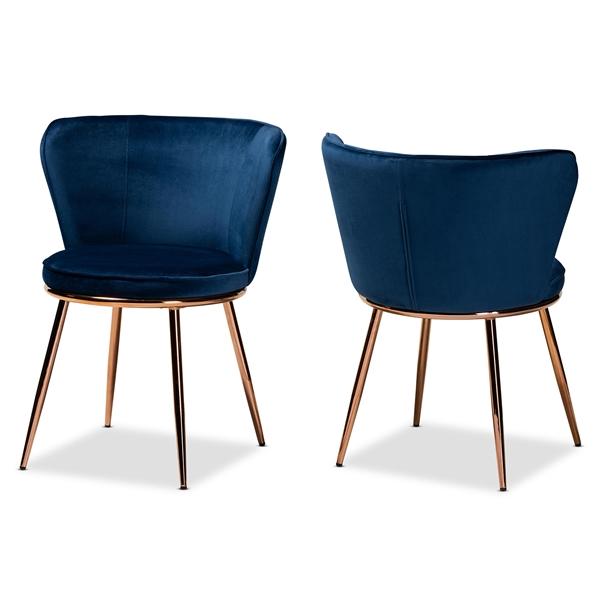 baxton studio Baxton Studio Farah Modern Luxe and Glam Navy Blue Velvet Fabric Upholstered and Rose Gold Finished Metal 2-Piece Dining Chair Set