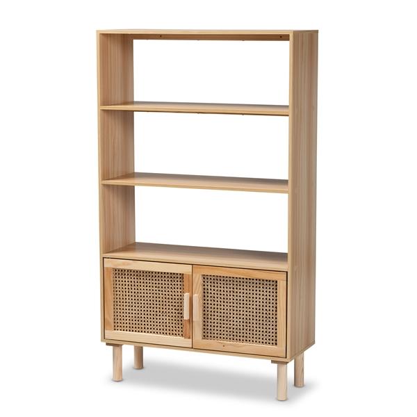 baxton studio Baxton Studio Faulkner Mid-Century Modern Natural Brown Finished Wood and Rattan 2-Door Bookcase