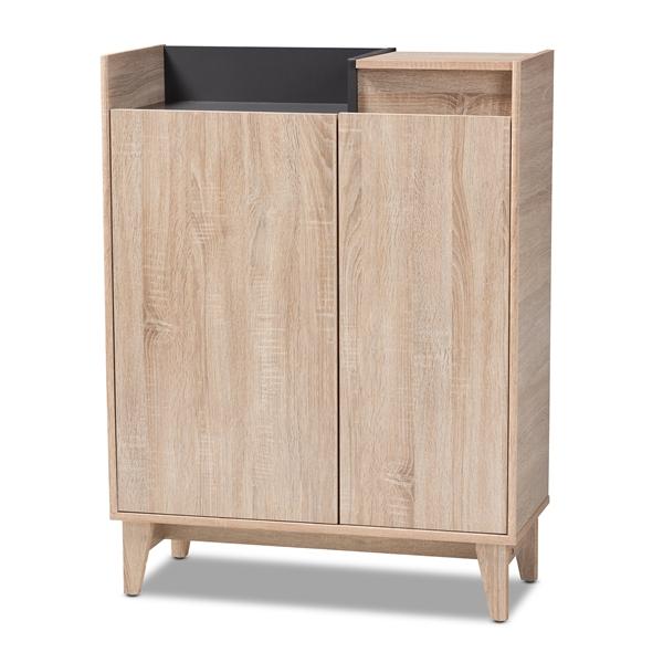 baxton studio Baxton Studio Fella Mid-Century Modern Two-Tone Oak Brown and Dark Gray Entryway Shoe Cabinet with Lift-Top Storage Compartment