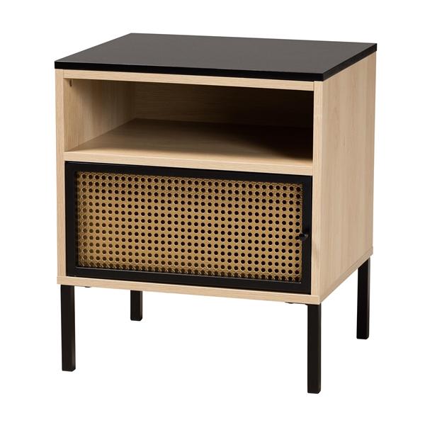 baxton studio Baxton Studio Felton Mid-Century Modern Two-Tone Black and Gold Metal and Light Brown Finished Wood 1-Door End Table