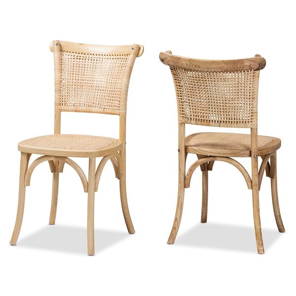 baxton studio Baxton Studio Fields Mid-Century Modern Brown Woven Rattan and Wood 2-Piece Cane Dining Chair Set