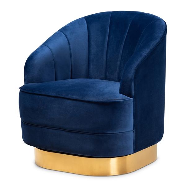 baxton studio Baxton Studio Fiore Glam and Luxe Royal Blue Velvet Fabric Upholstered Brushed Gold Finished Swivel Accent Chair