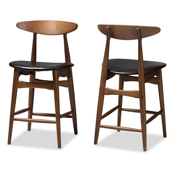 baxton studio Baxton Studio Flora Mid-Century Modern Black Faux Leather Upholstered Walnut Finished Counter Stool (Set of 2)