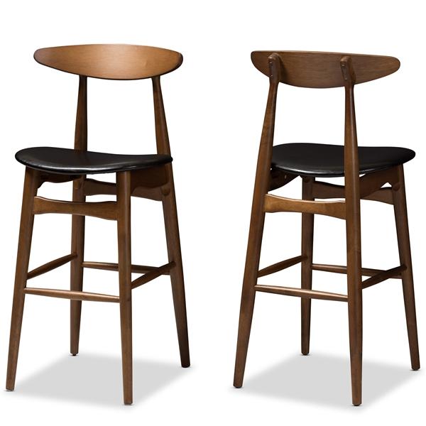 baxton studio Baxton Studio Flora Mid-Century Modern Black Faux Leather Upholstered Walnut Finished Bar Stool (Set of 2)