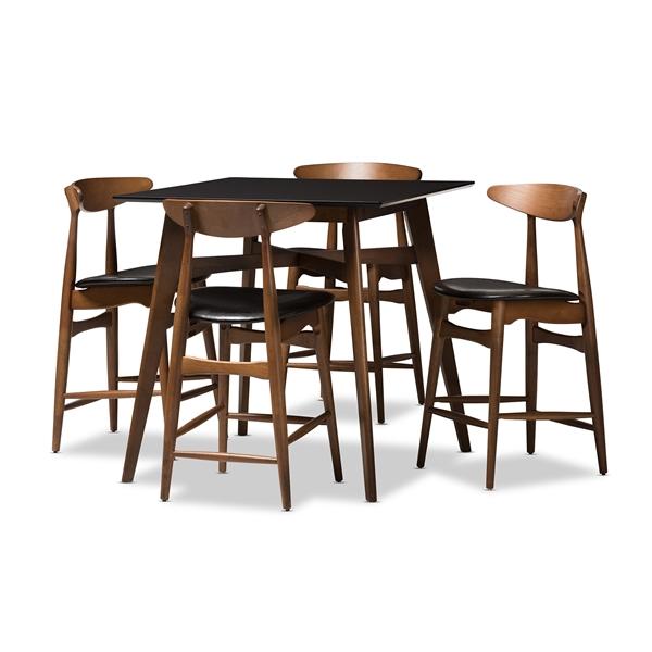 baxton studio Baxton Studio Flora Mid-Century Modern Black Faux-Leather Upholstered Walnut Finished 5-Piece Pub Set