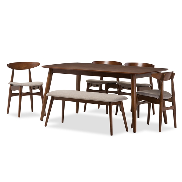 baxton studio Baxton Studio Flora Mid-Century Modern Light Grey Fabric and "Oak" Medium Brown Finishing Wood 6-Piece Dining Set