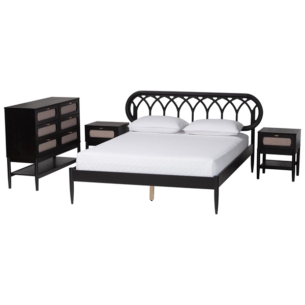 baxton studio Baxton Studio Florica Art Deco Black Wood Queen 4-Piece Bedroom Set with Two Nightstands