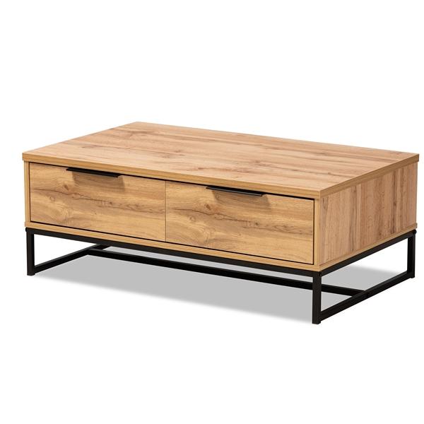 baxton studio Baxton Studio Franklin Modern and Contemporary Oak Brown Finished Wood and Black Finished Metal 2-Drawer Coffee Table