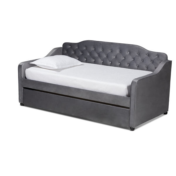 baxton studio Baxton Studio Freda Traditional and Transitional Grey Velvet Fabric Upholstered and Button Tufted Twin Size Daybed with Trundle