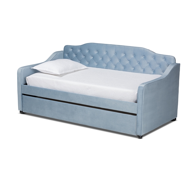 baxton studio Baxton Studio Freda Traditional and Transitional Light Blue Velvet Fabric Upholstered and Button Tufted Twin Size Daybed with Trundle