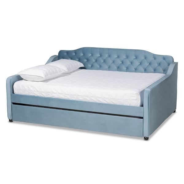 baxton studio Baxton Studio Freda Transitional and Contemporary Light Blue Velvet Fabric Upholstered and Button Tufted Full Size Daybed with Trundle