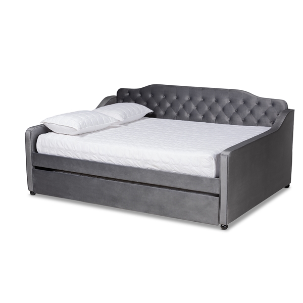 baxton studio Baxton Studio Freda Transitional and Contemporary Grey Velvet Fabric Upholstered and Button Tufted Queen Size Daybed with Trundle