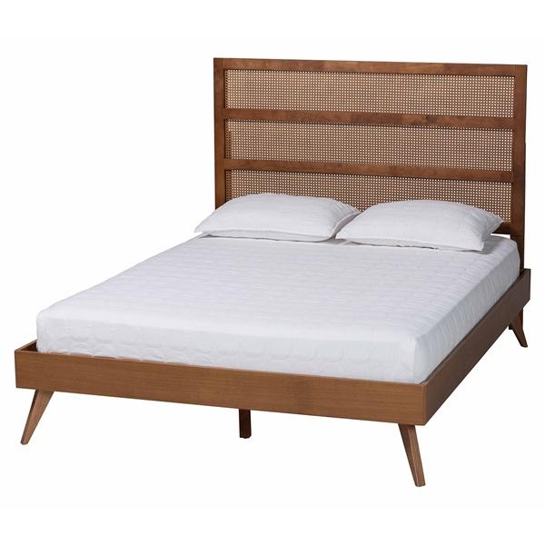 baxton studio Baxton Studio Fuller Mid-Century Walnut Brown Finished Wood King Size Platform Bed with Woven Rattan