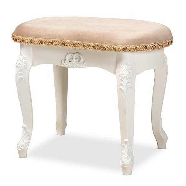baxton studio Baxton Studio Gabrielle Traditional French Country Provincial Sand Velvet Fabric Upholstered White-Finished Wood Vanity Ottoman