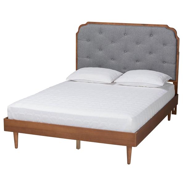 baxton studio Baxton Studio Garron Mid-Century Modern Grey Fabric and Walnut Brown Wood Queen Size Platform Bed