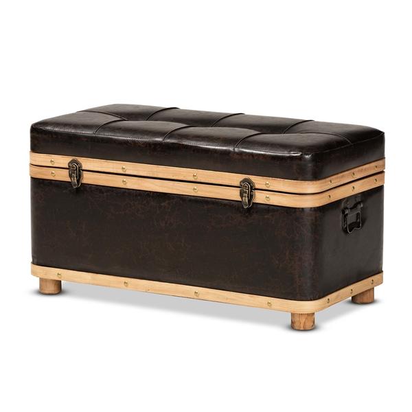baxton studio Baxton Studio Gendry Modern Rustic Transitional Dark Brown Faux Leather Upholstered and Oak Brown Finished Wood Large Storage Ottoman