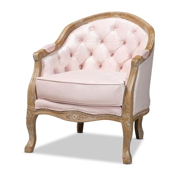 baxton studio Baxton Studio Genevieve Traditional French Provincial Light Pink Velvet Upholstered White-Washed Oak Wood Armchair