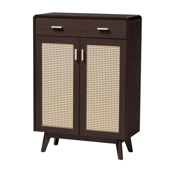 baxton studio Baxton Studio Giancarlo Mid-Century Modern Espresso Brown Wood 2-Door Shoe Cabinet with Rattan Door
