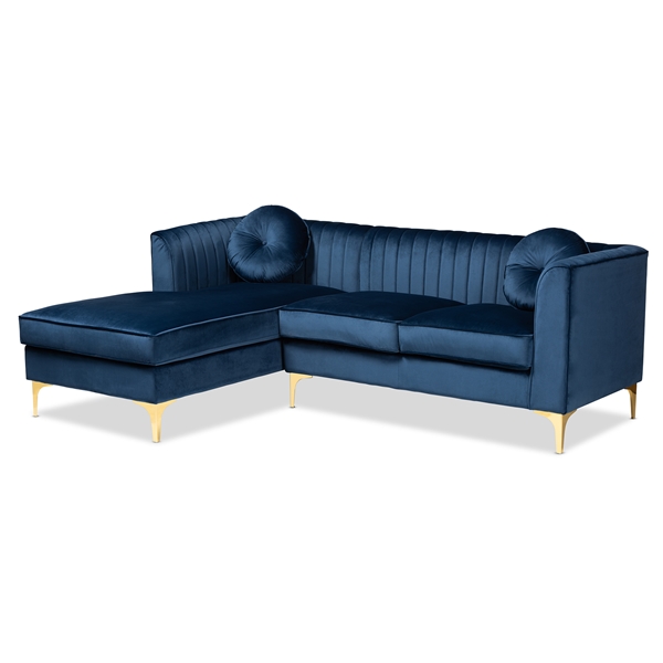 baxton studio Baxton Studio Giselle Glam and Luxe Navy Blue Velvet Fabric Upholstered Mirrored Gold Finished Left Facing Sectional Sofa with Chaise