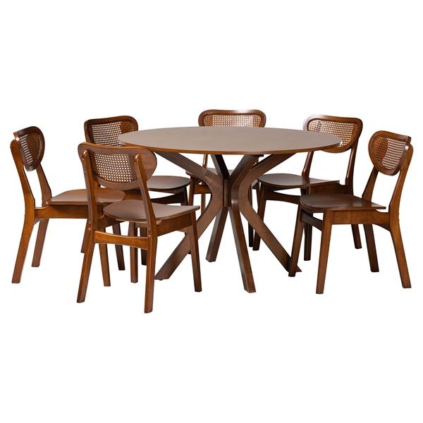 baxton studio Baxton Studio Giuliana Mid-Century Modern Walnut Brown Finished Wood and Woven Rattan 7-Piece Dining Set
