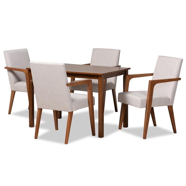 baxton studio Baxton Studio Glenda Mid-Century Modern Greyish Beige Fabric Upholstered and Walnut Brown Finished Wood 5-Piece Dining Set