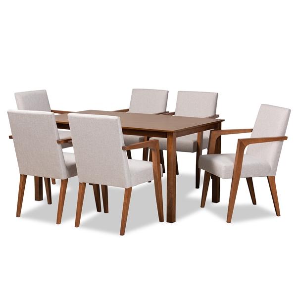 baxton studio Baxton Studio Glenda Mid-Century Modern Greyish Beige Fabric Upholstered and Walnut Brown Finished Wood 7-Piece Dining Set