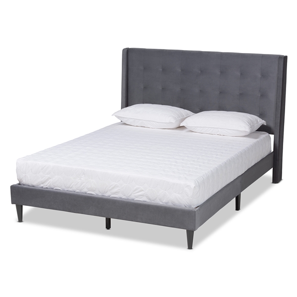 baxton studio Baxton Studio Gothard Modern and Contemporary Grey Velvet Fabric Upholstered and Dark Brown Finished Wood Queen Size Platform Bed