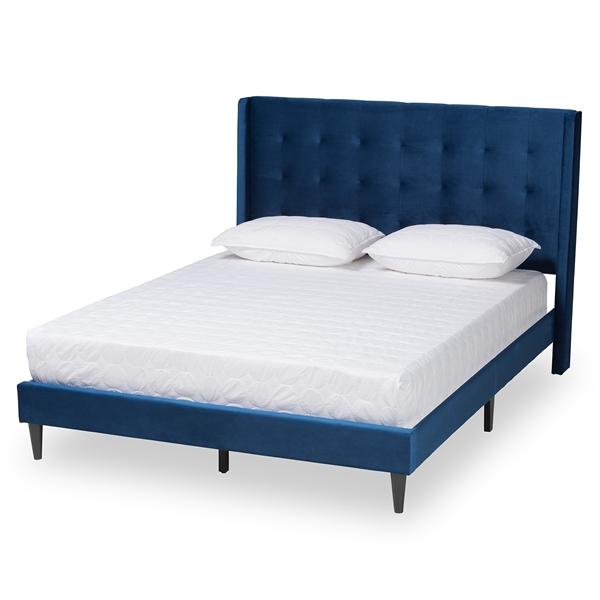 baxton studio Baxton Studio Gothard Modern and Contemporary Navy Blue Velvet Fabric Upholstered and Dark Brown Finished Wood King Size Platform Bed