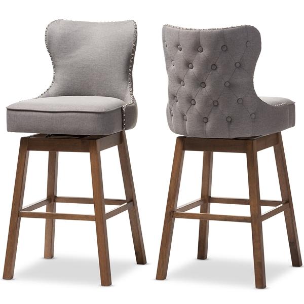 baxton studio Baxton Studio Gradisca Modern and Contemporary Brown Wood Finishing and Grey Fabric Button-Tufted Upholstered 2-Piece Swivel Barstool Set
