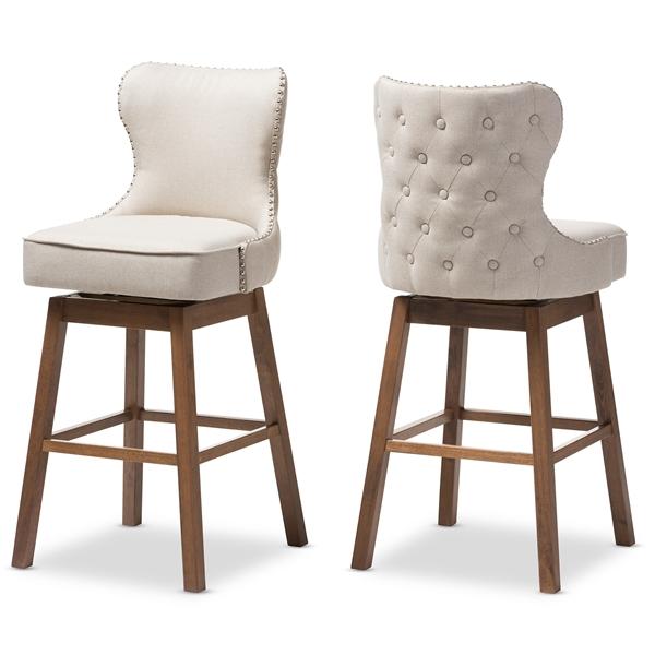 baxton studio Baxton Studio Gradisca Modern and Contemporary Brown Wood Finishing and Light Beige Fabric Button-Tufted Upholstered 2-Piece Swivel Barstool Set