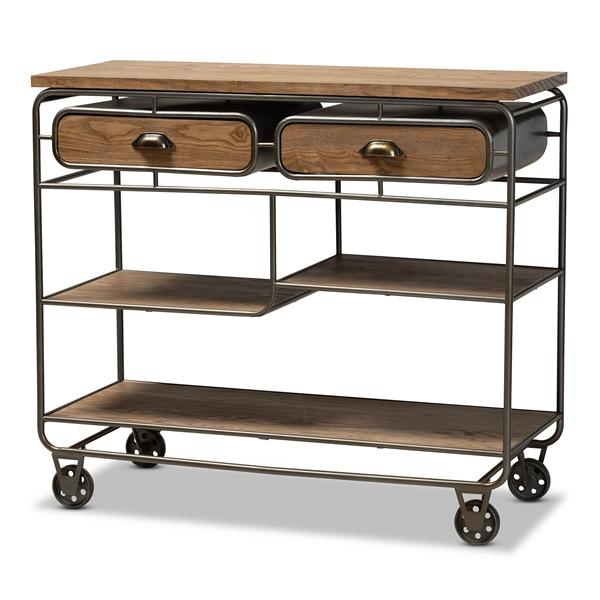 baxton studio Baxton Studio Grant Vintage Rustic Industrial Oak Brown Finished Wood and Black Finished Metal 2-Drawer Kitchen Cart