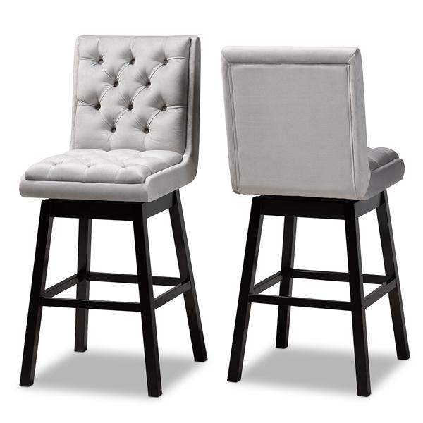 baxton studio Baxton Studio Gregory Modern Transitional Light Grey Velvet Fabric Upholstered and Dark Brown Finished Wood 2-Piece Swivel Bar Stool Set