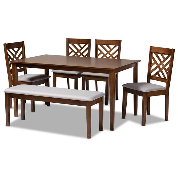 baxton studio Baxton Studio Gustavo Modern and Contemporary Grey Fabric Upholstered and Walnut Brown Finished Wood 6-Piece Dining Set