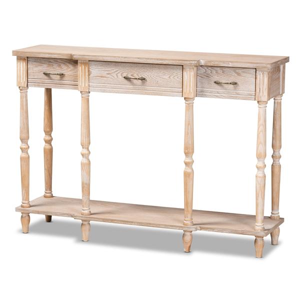 baxton studio Baxton Studio Hallan Classic and Traditional French Provincial Rustic Whitewashed Oak Brown Finished Wood 3-Drawer Console Table