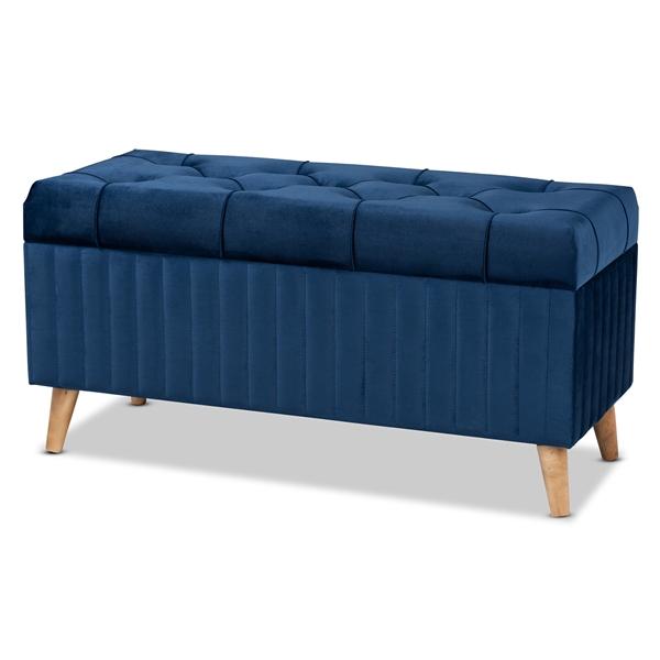 baxton studio Baxton Studio Hanley Modern and Contemporary Navy Blue Velvet Fabric Upholstered and Walnut Brown Finished Wood Storage Ottoman