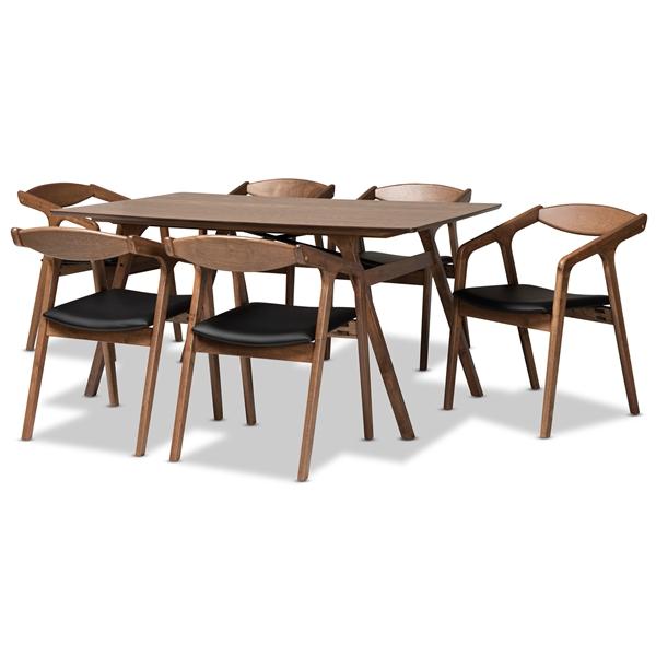 baxton studio Baxton Studio Harland Mid-Century Modern Black Faux Leather Upholstered and Walnut Brown Finished Wood 7-Piece Dining Set