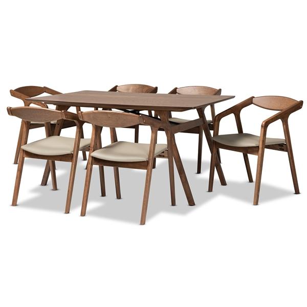 baxton studio Baxton Studio Harland Mid-Century Modern Grey Faux Leather Upholstered and Walnut Brown Finished Wood 7-Piece Dining Set