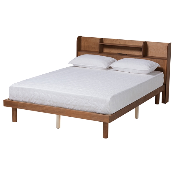 baxton studio Baxton Studio Harper Mid-Century Modern Transitional Walnut Brown Finished Wood Full Size Platform Bed with Charging Station