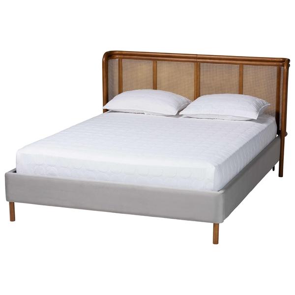 baxton studio Baxton Studio Harrell Mid-Century Modern Grey Velvet and Woven Rattan Wood Queen Size Bed