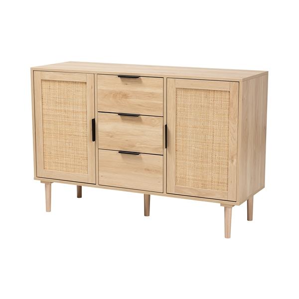 baxton studio Baxton Studio Harrison Mid-Century Modern Natural Brown Finished Wood and Natural Rattan 3-Drawer Sideboard