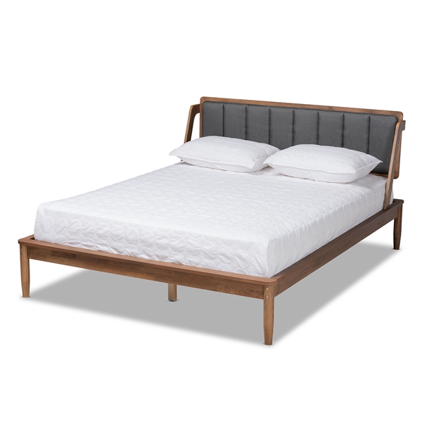 baxton studio Baxton Studio Helsa Mid-Century Modern Dark Grey Fabric Upholstered and Walnut Finished Full Size Platform Bed