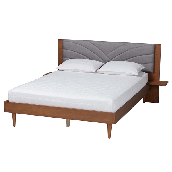 baxton studio Baxton Studio Hemera Mid-Century Modern Grey Fabric and Walnut Brown Wood King Size Platform Bed With Floating Side Table
