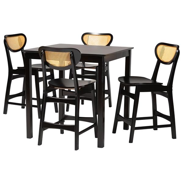 baxton studio Baxton Studio Hesper Mid-Century Modern Dark Brown Finished Wood and Rattan 5-Piece Pub Set