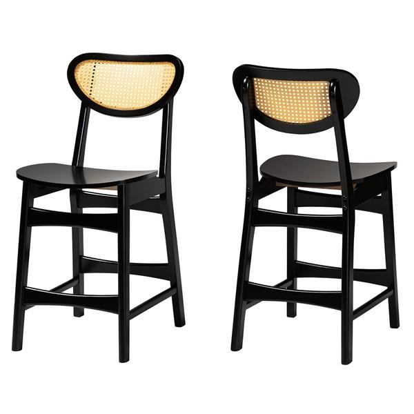 baxton studio Baxton Studio Hesper Mid-Century Modern Dark Brown Finished Wood and Rattan 2-Piece Counter Stool Set