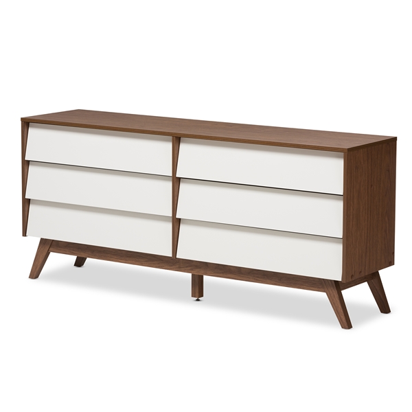 baxton studio Baxton Studio Hildon Mid-Century Modern White and Walnut Wood 6-Drawer Storage Dresser